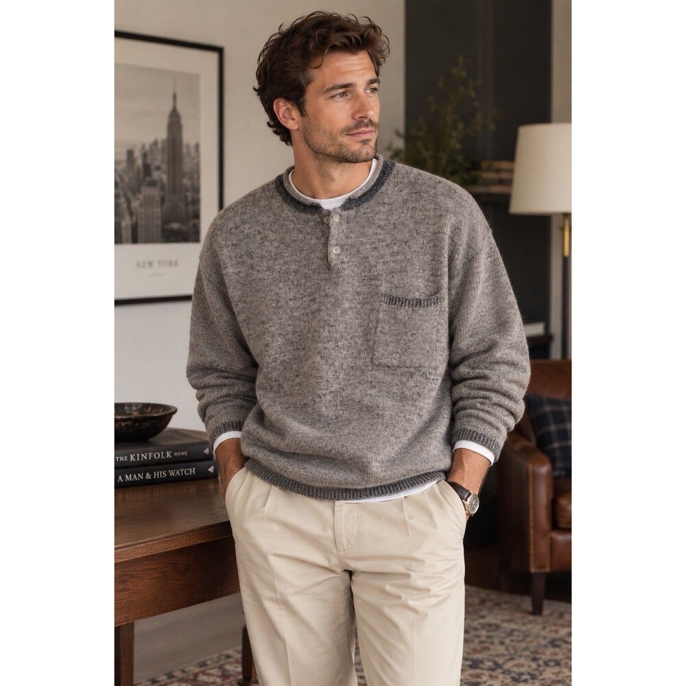 Vintage Structure Men’s M Gray Lambswool Rabbit Hair Henley Sweater minimalist